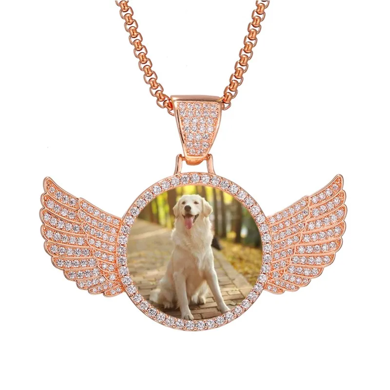 Custom Photo Name Necklaces with Angel Wings Cubic Zircon Circle Hip Hop Stainless Steel Jewelry Fashion Women Men Pendant Gifts