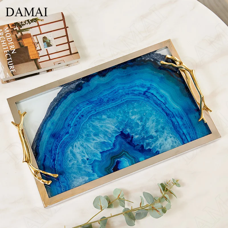 Agate Texture Glass Trays Decorative Gold Inlay Branches Handle Jewelry Necklace Storage Tray Cosmetic Perfume Display Plates