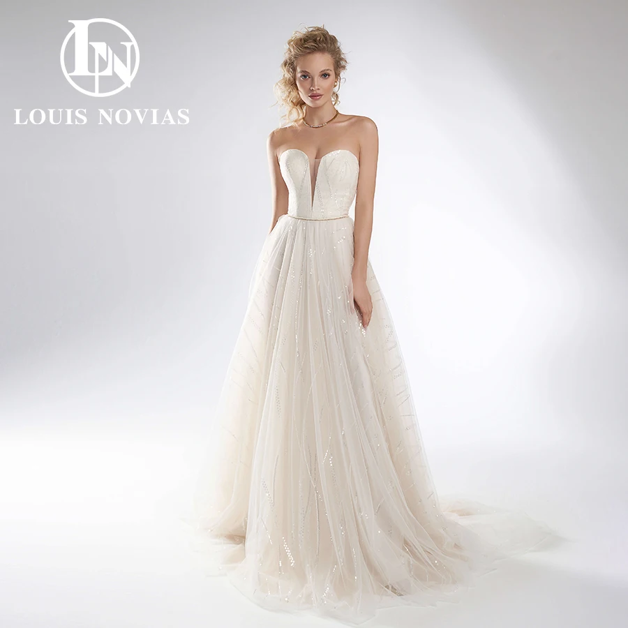 

LOUIS NOVIAS Свадебное платье трапециевидной формы Элегантные платья невесты без бретелек Блестящие свадебные платья без рукавов с блестками Vestidos De Novia