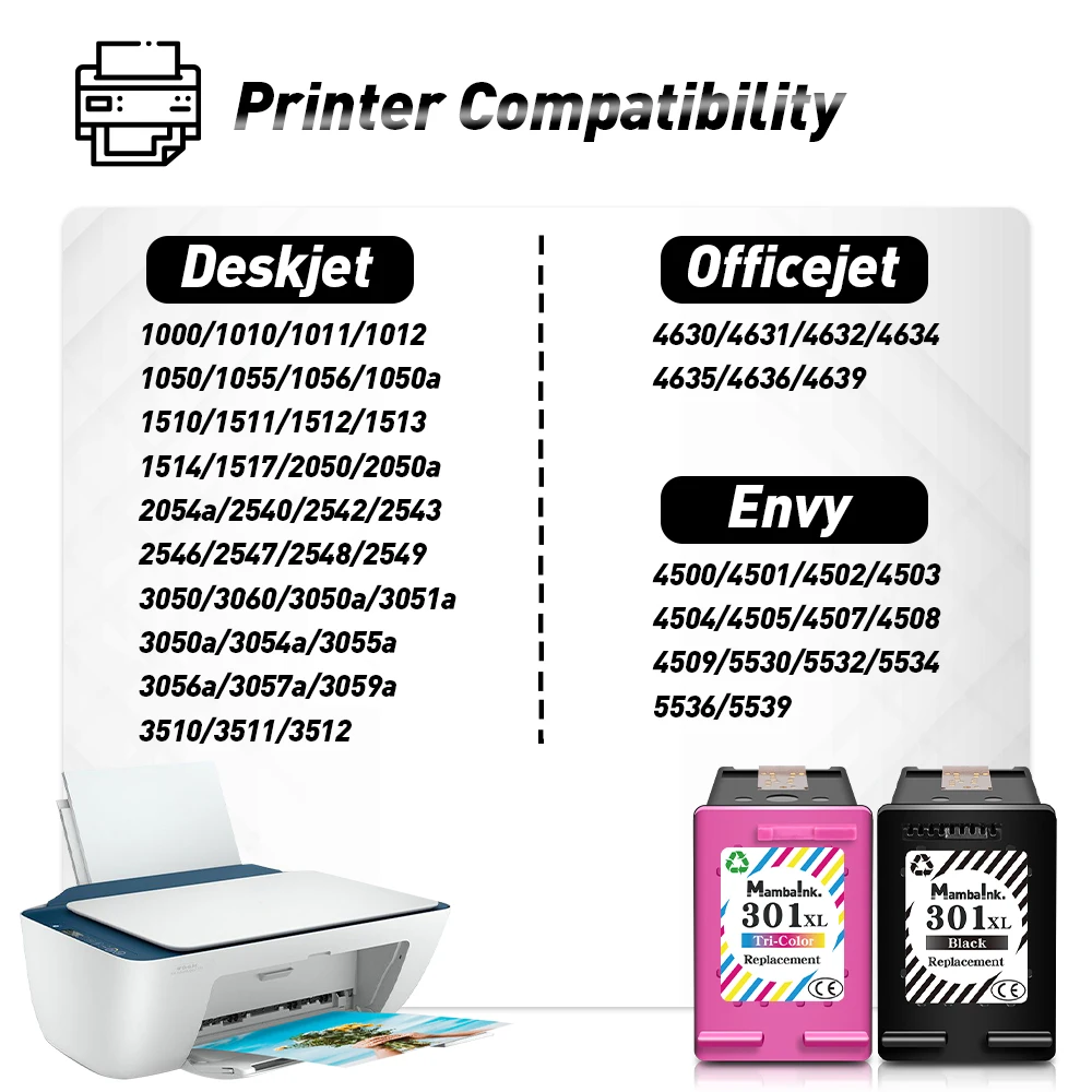 Mambaink Replacement For HP 301 HP301 XL Ink Cartridge 301XL Deskjet 1000 1010 1011 1012 Deskjet 3050 3054 3060 3510 Printer