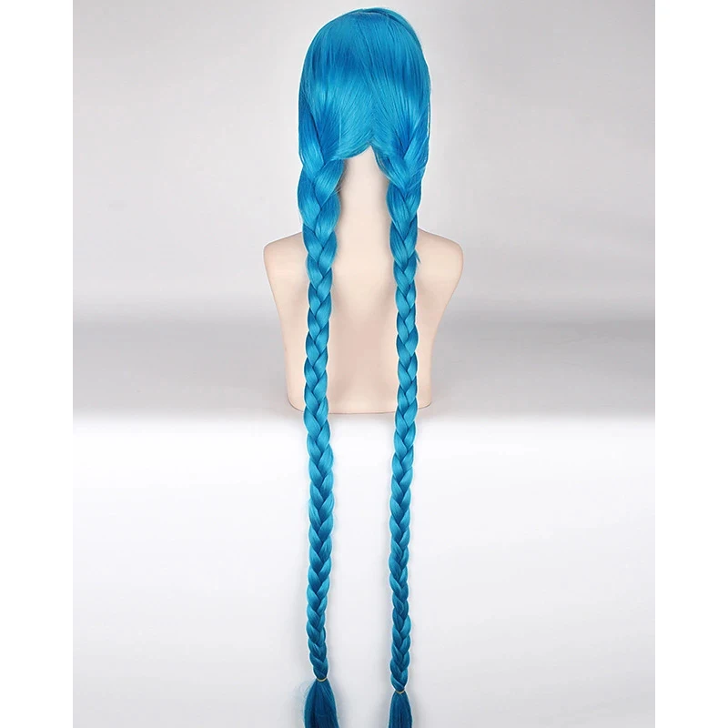 HAIRJOY Cosplay Lol Jinx 100cm biru panjang dengan kepang ganda kostum Anime Halloween Wig tahan panas rambut sintetis