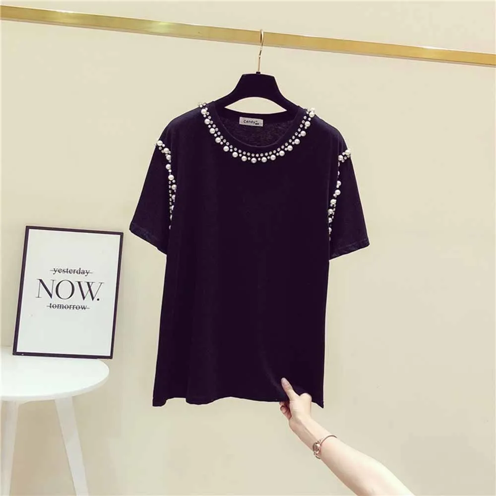 Pearls beading O-neck cotton short sleeve t shirt women elegant white tee shirt femme Korean modis tops 2022 new summer tshirt