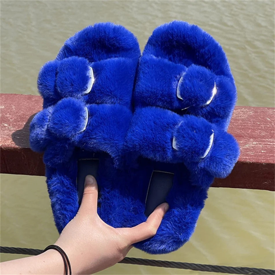 Women Home Slippers Winter Warm Shoes Woman Slip On Flats Slides Female Faux Fur Slippers 36-42 Wholesale Slippers