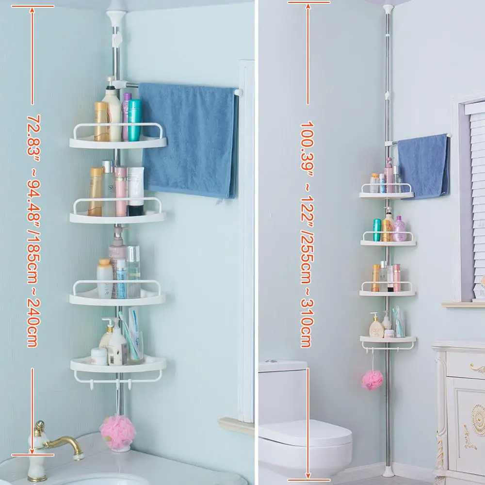 

4-layer Shower Corner Storage Rack Bathroom Storage Organizer for Shampoo Accessories Height Adjustable Punch-free 185-310cm