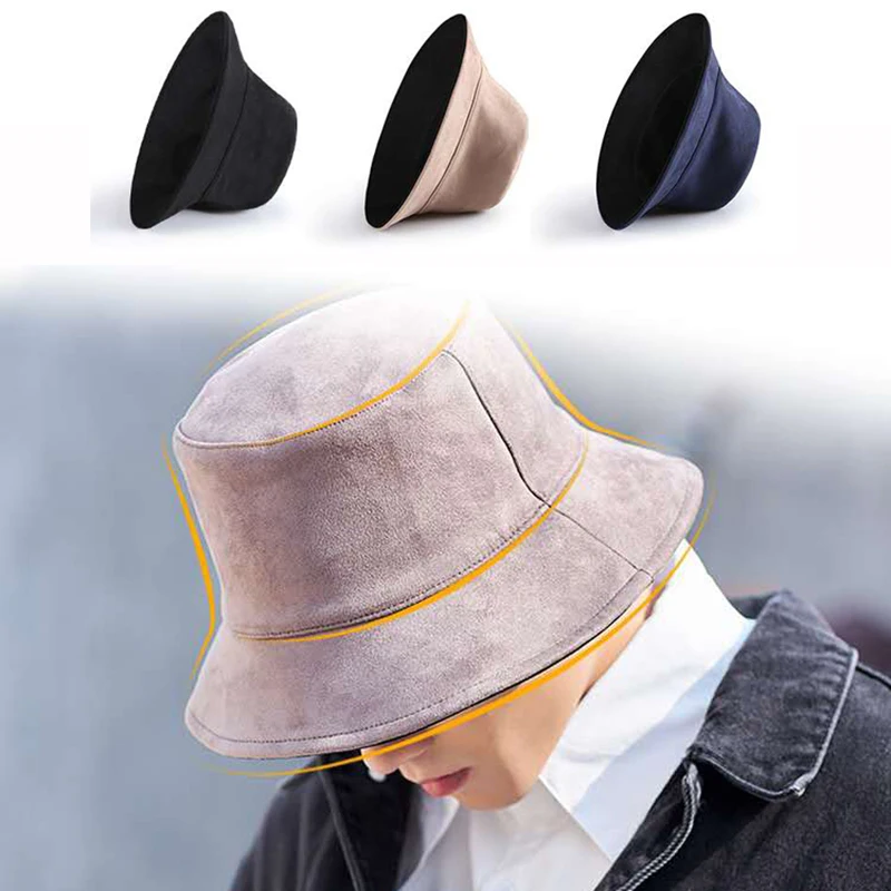 Korean Autumn Winter Warm Suede Panama Hats Double Sided Thick Bucket Hats for Men Large Size Fashion Hip Hop Caps Keep Warm