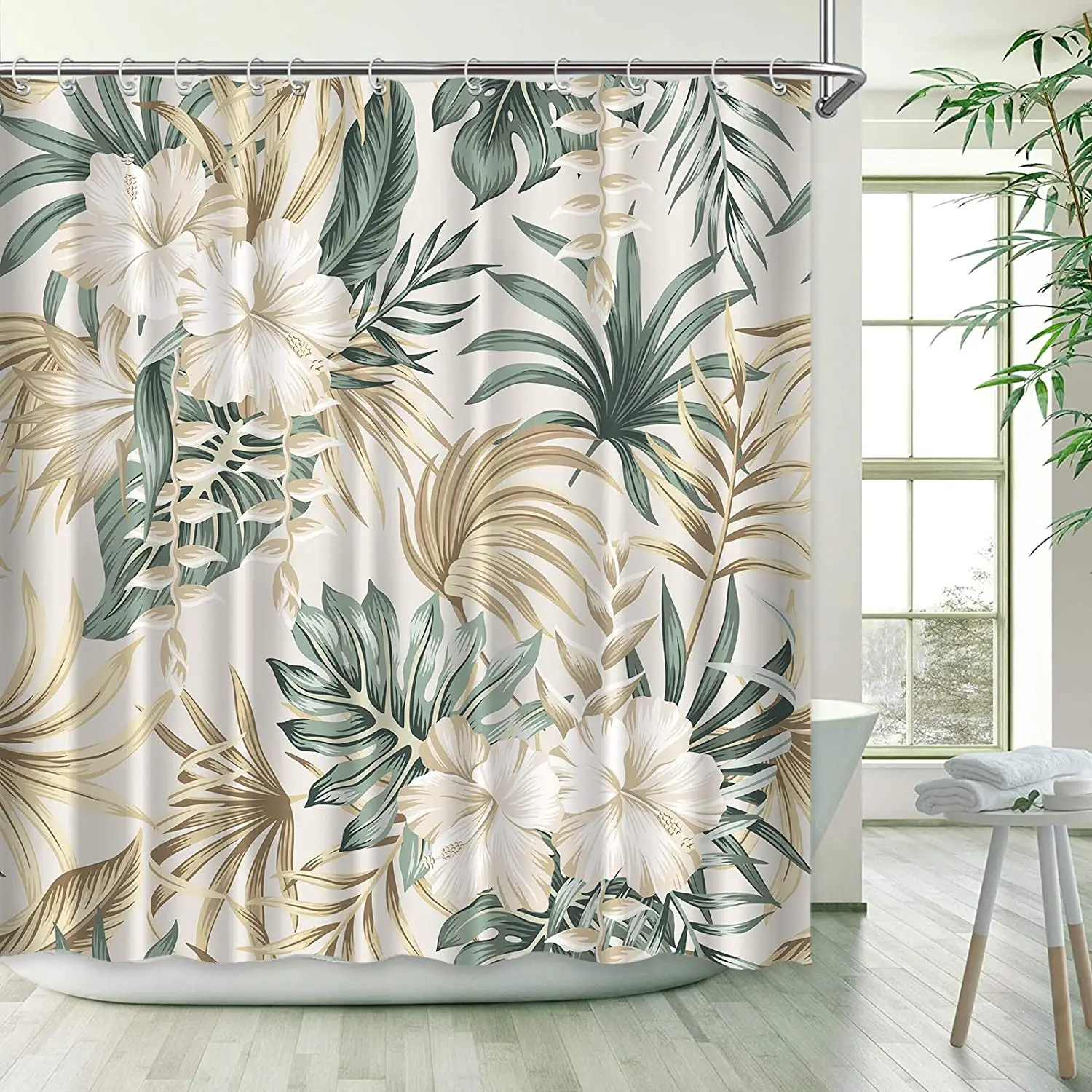 Tropical Plants Floral Shower Curtains Beige Green Palm Leaves Flowers Nordic Decor Bathroom Polyester Fabric Bath Curtain Sets