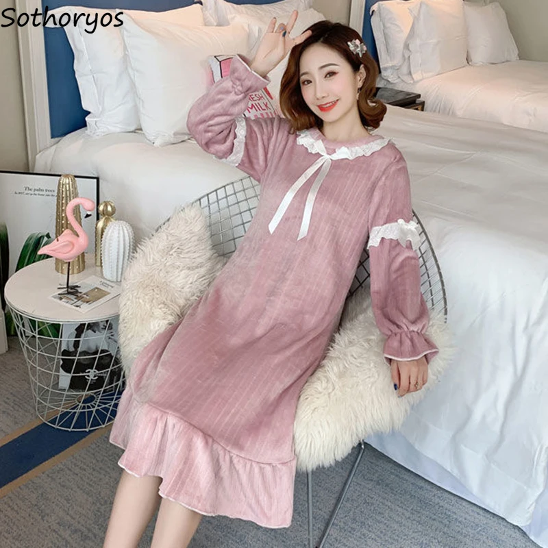 

Long Sleeve Flannel Nightgowns Women Fall Winter Ruffles Thermal Sweet Korean Simple Patchwork Elegant Leisure A-line Nightdress