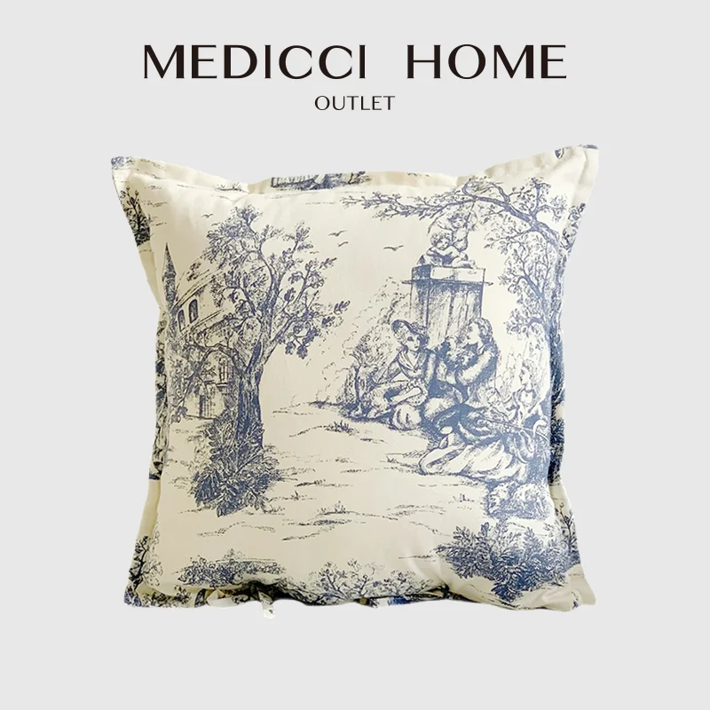 Medicci casa toile de jouy capa de almofada estilo retro francês rural fazenda decorativa lona azul lance fronha 45x45cm