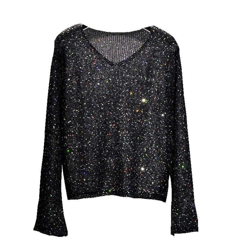 Yan Li Women Clothes 2024 Korean Fashion Knitted Sweater Pullover Sequins Glittering Hollow-out Sweater Sleeve V-neck Horn