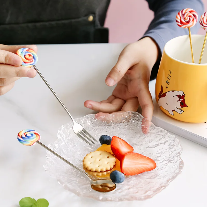 Cute Fun Lollipop Coffee Fork Spoon 304 Stainless Steel Titanium-Plated Gold Cake Fork Children's Small Spoon Ice Cream Spoon