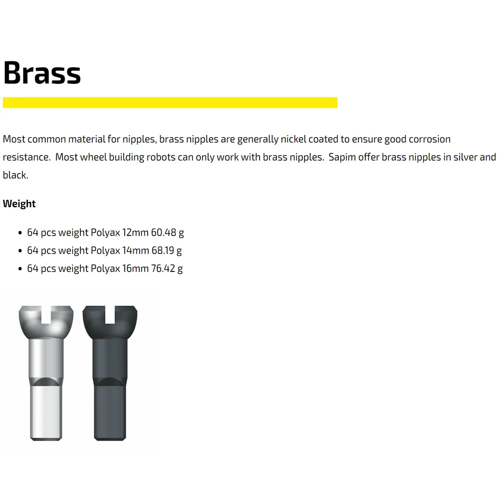 SAPIM POLYAX 황동 스포크 니플, 12 도 베벨 자전거 스포크, 니플 14G, 2.0X1, 2mm, 14mm