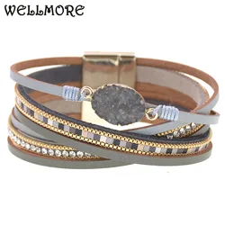 WELLMORE Charm Leather Bracelets For Women 2020 Fashion stone crystal Ladies Boho Multilayer Wide Wrap Bracelet Female Jewelry