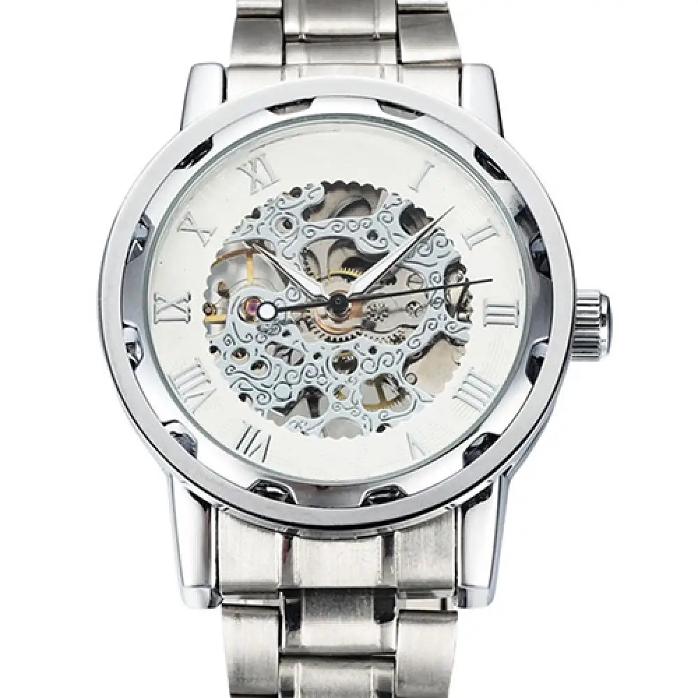 Hot Sale Men Skeleton Roman Numerals Hollow Dial Stainless Steel Band Mechanical Watch