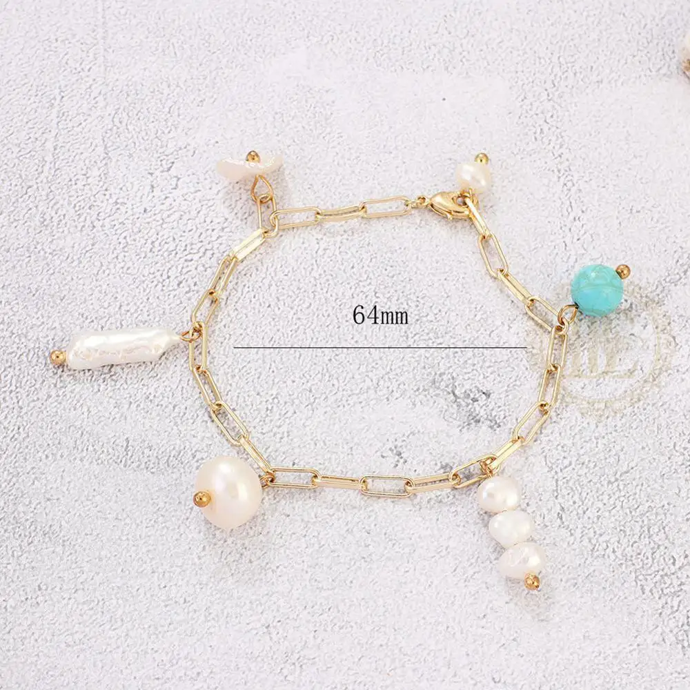 One Fashion Jewelry Bracelet Gold Plated Chain Semi-Precious Synthetic Stone and Fresh Water Pearl - 64mm (BE61)