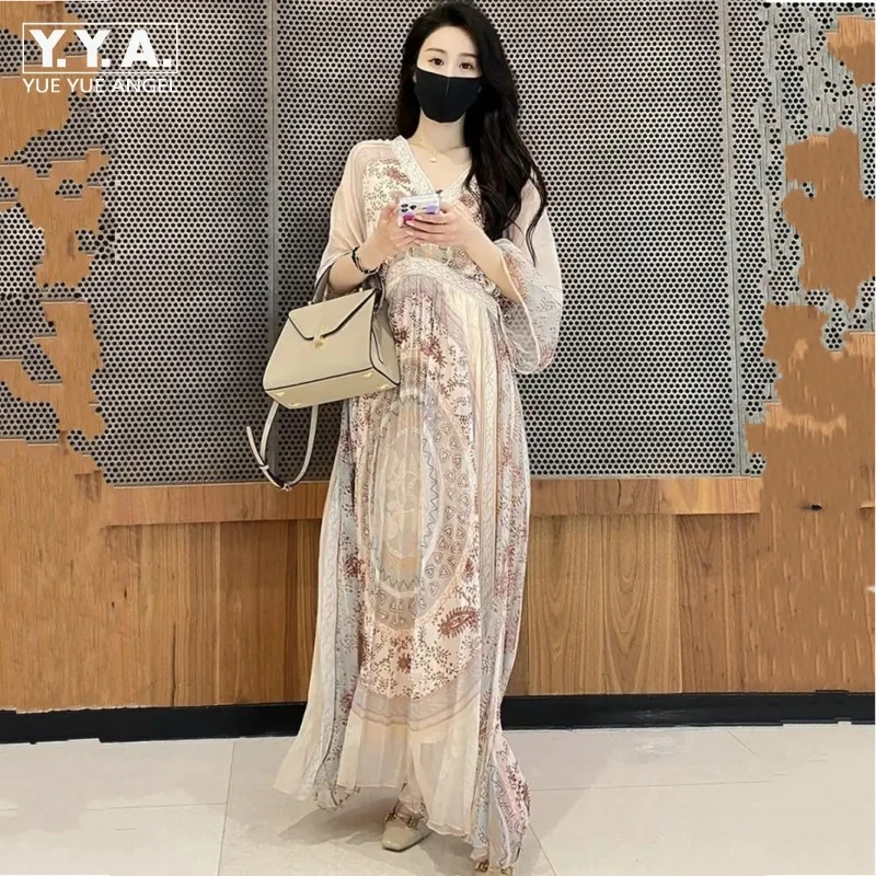 

Ladies Summer Chiffon Long Dress V-Neck Print High Waist Spliced Women Elegant Pullover Knitting A-Line Dress Folk Bohemian