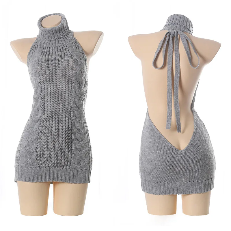 Korean Sexy Backless Women Sweaters Gray Turtleneck Long Virgin Killer Cosplay Costume Fashion Off Shoulder Knitting Pullovers