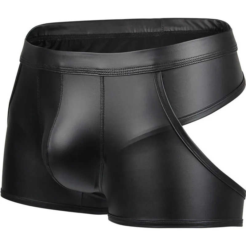 CLEVER-MENMODE Sexy Men Hollow Boxers Male Underwear Faux Leather Open Butt Bottoms Performance Underpants Backless Boxer Shorts