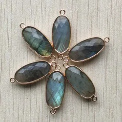 wholesale 6pcs/lot natural Labradorite stone section oval shape gold color Connector pendants for jewelry making free shipping