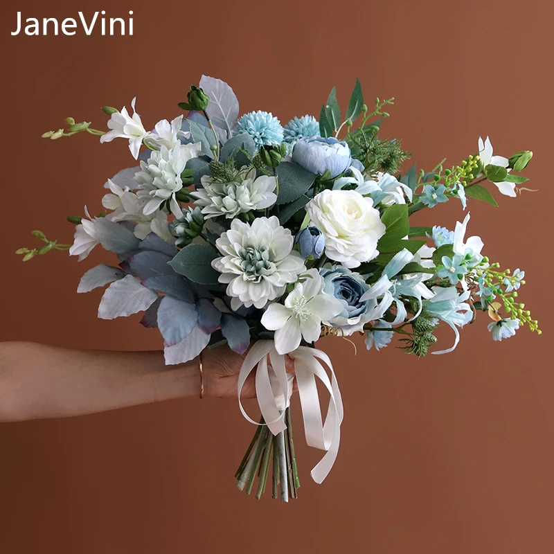 Janevini Romantische Kunstmatige Bloemen Blauw Wit Bruidsboeket Handgemaakte Zijden Rozen Hortensia Elegante Koreaanse Bruids Nep Boeket