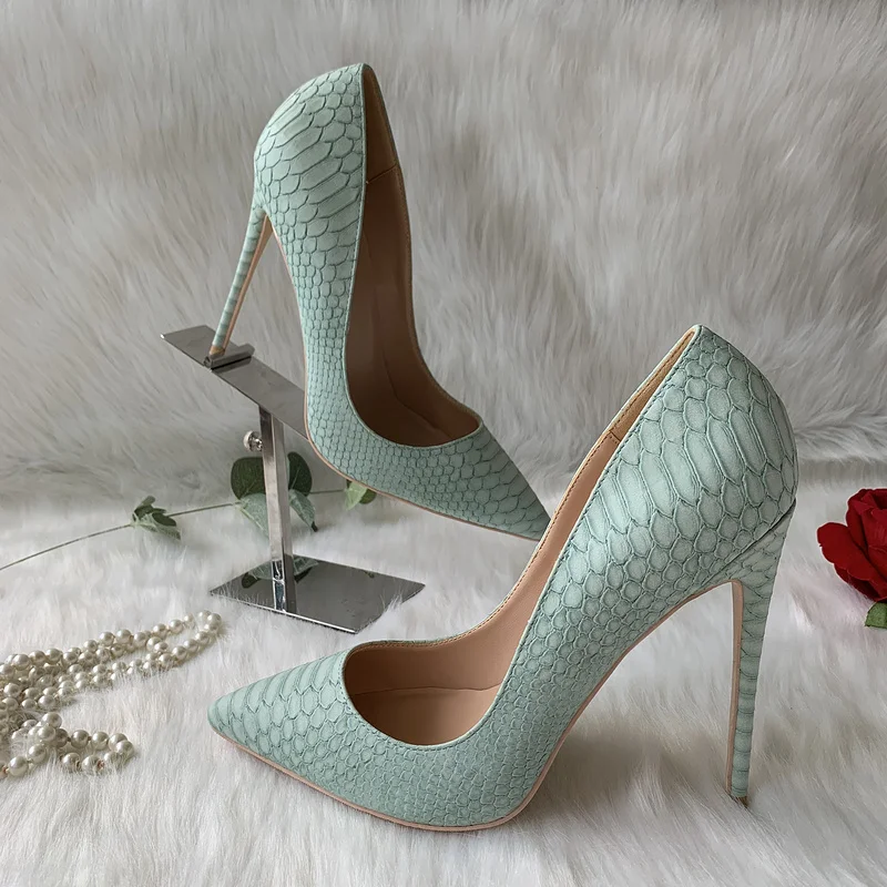 2023new designer factory outlet custom made light green snake python pointed toe 120mm sexy high heel shoes pump big size 12