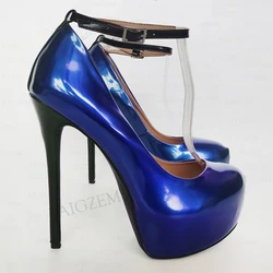 LAIGZEM Women Pumps Ankle Strap Shiny Platform Thin High Heels Handmade Sandals Prom Party Shoes Woman Large Size 39 41 45 50 52