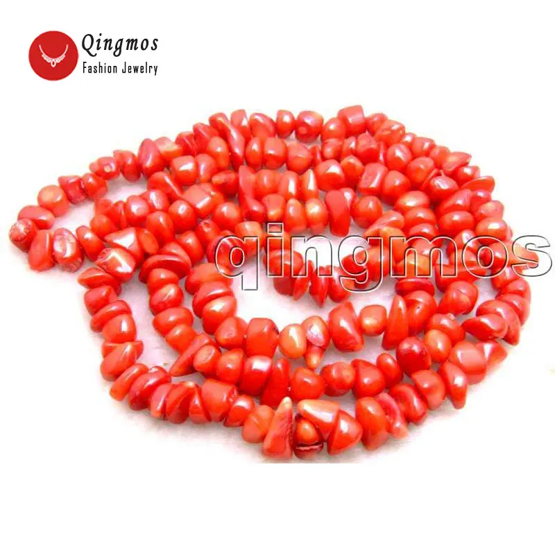 Qingmos Fashion 6-8mm Baroque Natural Red Coral Necklace for Women with Genuine Coral Long Necklace 32\