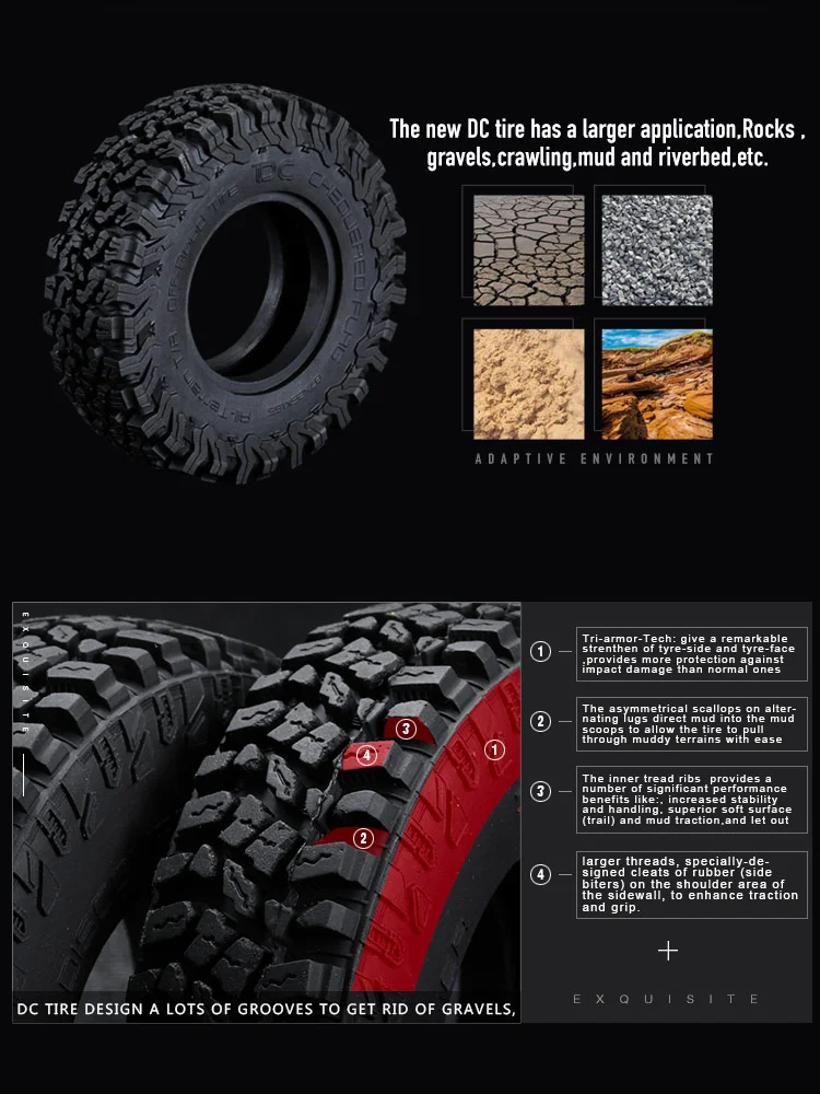 DJ 1/10 1.5 inch 87mm RC Crawler All-Terrain Tires Off-Road Rubber Rocks Tyres For Bronco Defender Axial SCX10III RC4WD Car Part