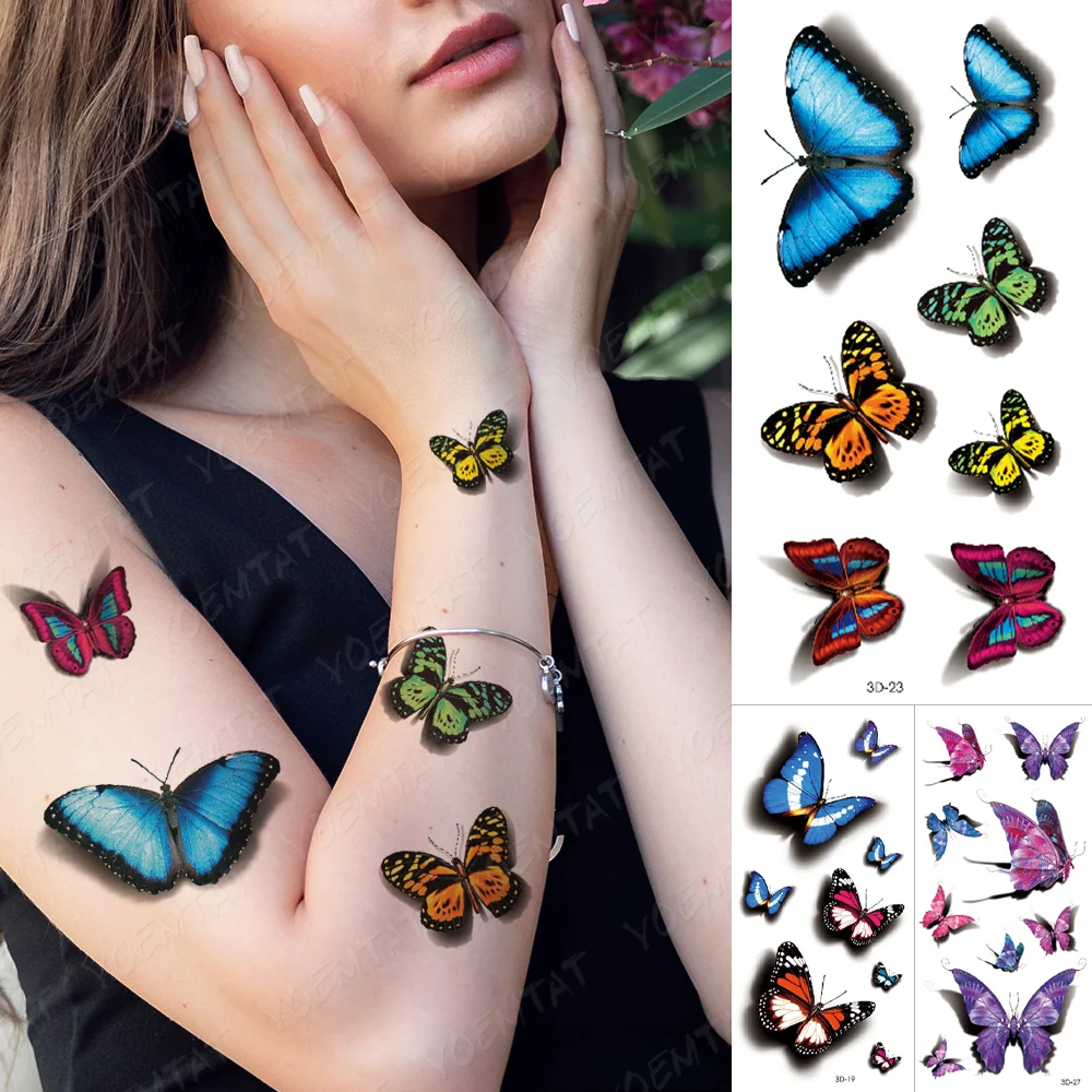 

Waterproof Temporary Tattoo Sticker Woman 3D Blue Butterfly Sexy Color Flash Water Transfer Tatoo Girl Ankle Body Art Fake Tatto