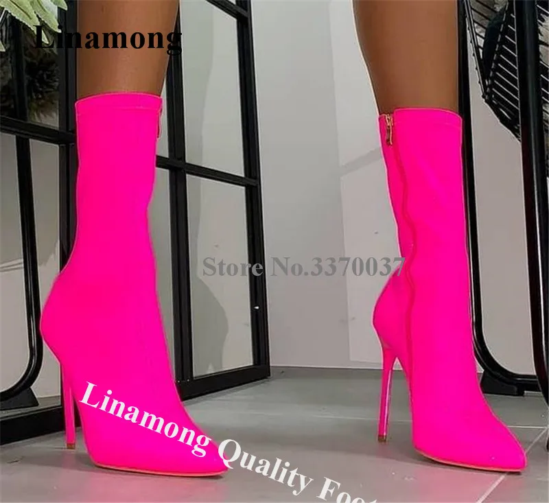 

Linamong Shining Rose Red Pointed Toe Stiletto Heel Short Boots Zipper-up Suede Slim High Heel Ankle Booties Big Size Heels