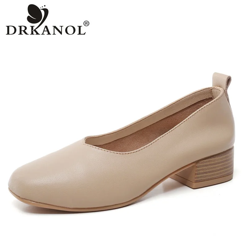 DRKANOL New Arrival Square Toe Women Pumps Spring Autumn Shallow Med Thick Heel Genuine Leather Slip On Casual Office Shoes