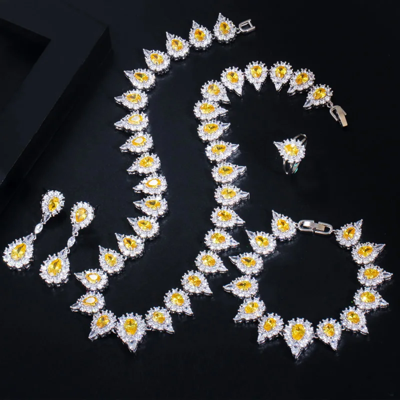 

ThreeGraces 4pcs Luxury Yellow Water Drop Cubic Zirconia Elegant Wedding Bridal Evening Party Jewelry Set for Women T1021