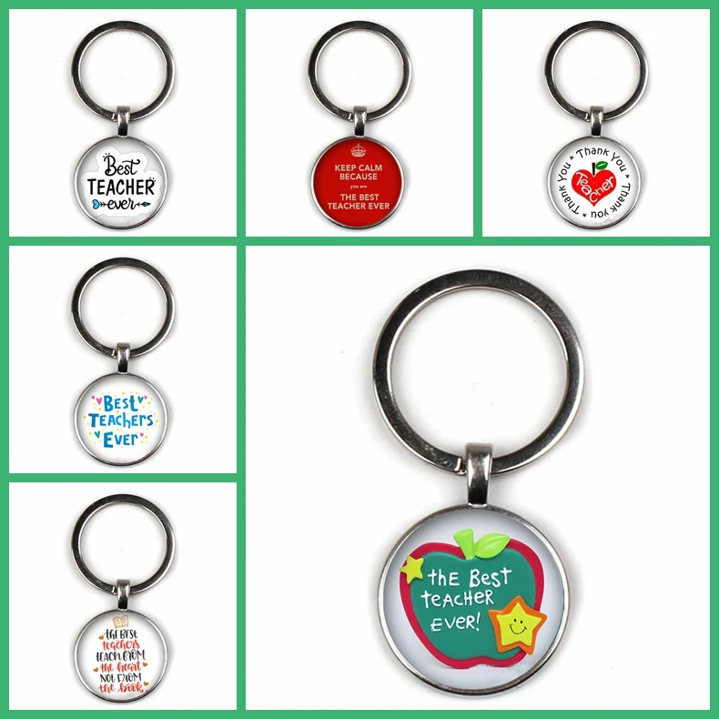 

2020 New Teacher's Day Gift Keychain Jewelry Thank You Teacher Cute Pattern Pendant Glass Round Charm Bag Key Chain Souvenir