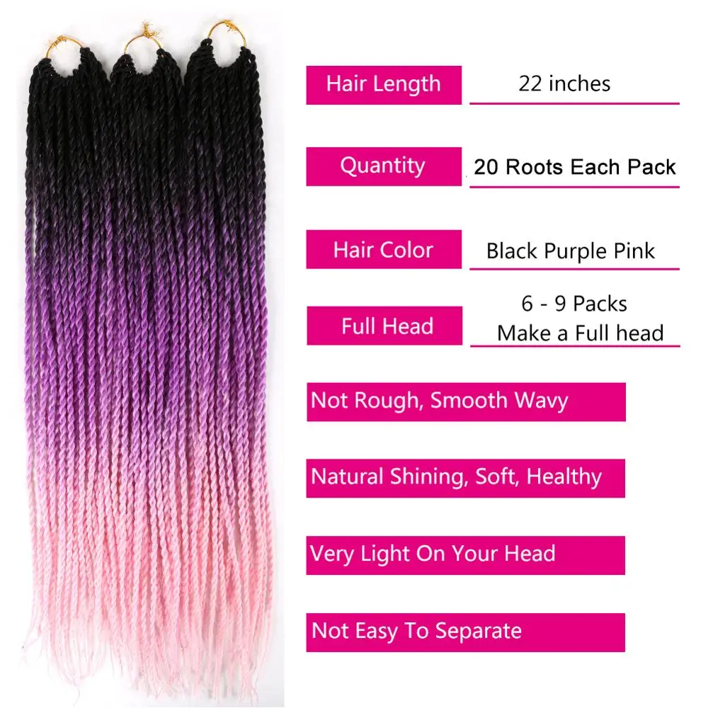 Mtmei trança de cabelo, extensão de cabelo preto, cinza, azul, rosa, senegalês, trança de crochê, 22 polegadas, 20 fios/pacote, ombré