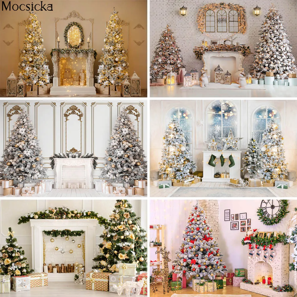 Christmas Photography Backdrop Family Portrait Photocall Christmas Tree Fireplace Gift Decor Props Child Background Photo Booth