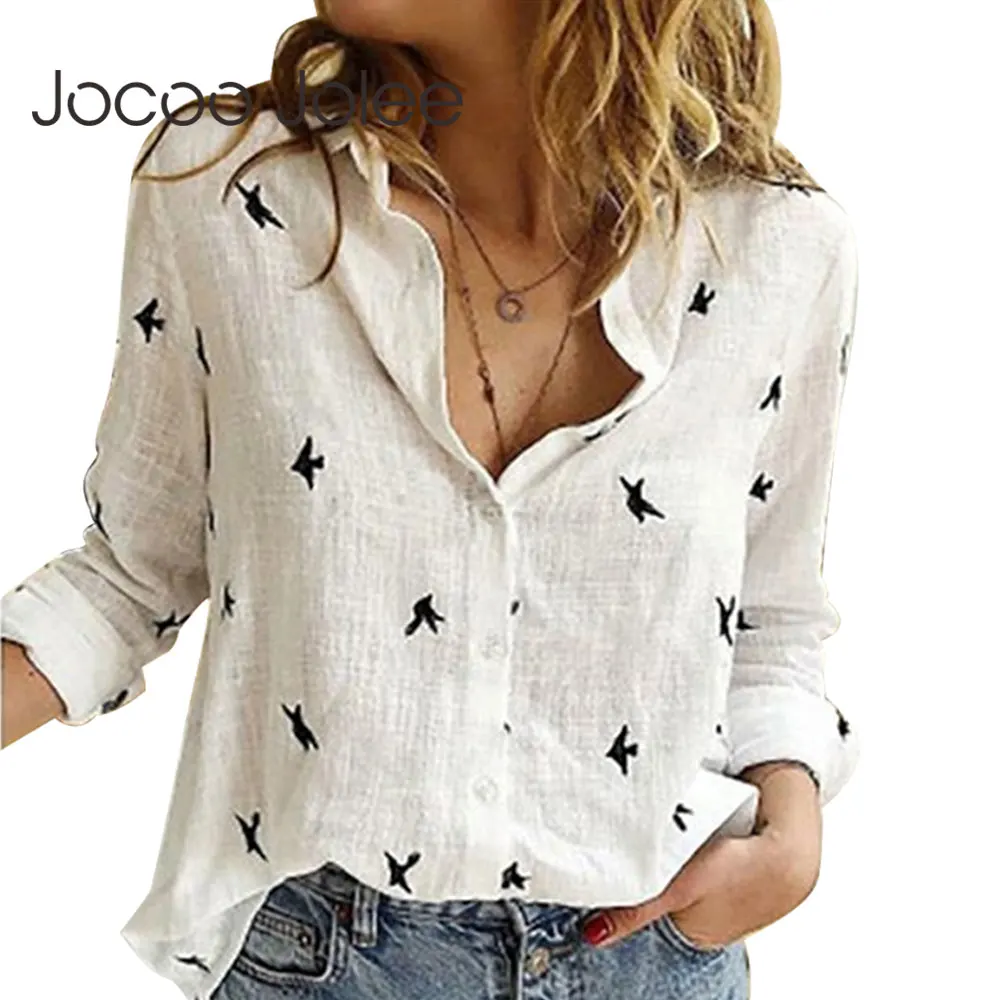 Jocoo Jolee Women Casual Birds Print Blouse Spring Summer Long Sleeve Cotton and Linen Loose Shirt Vintage Tops Tunic Oversized