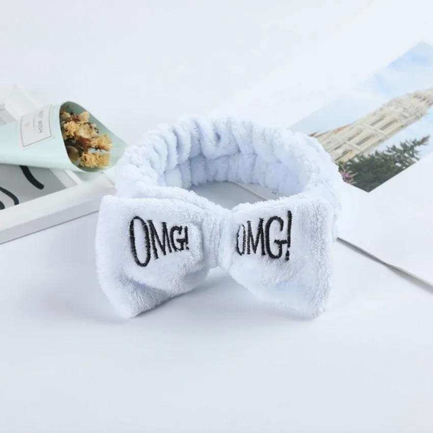 OMG Letter Bow Headbands para Mulheres, Wash Face, turbantes suaves, bandas elásticas de cabelo, Velo Coral, Assistente de Maquiagem Headwear,