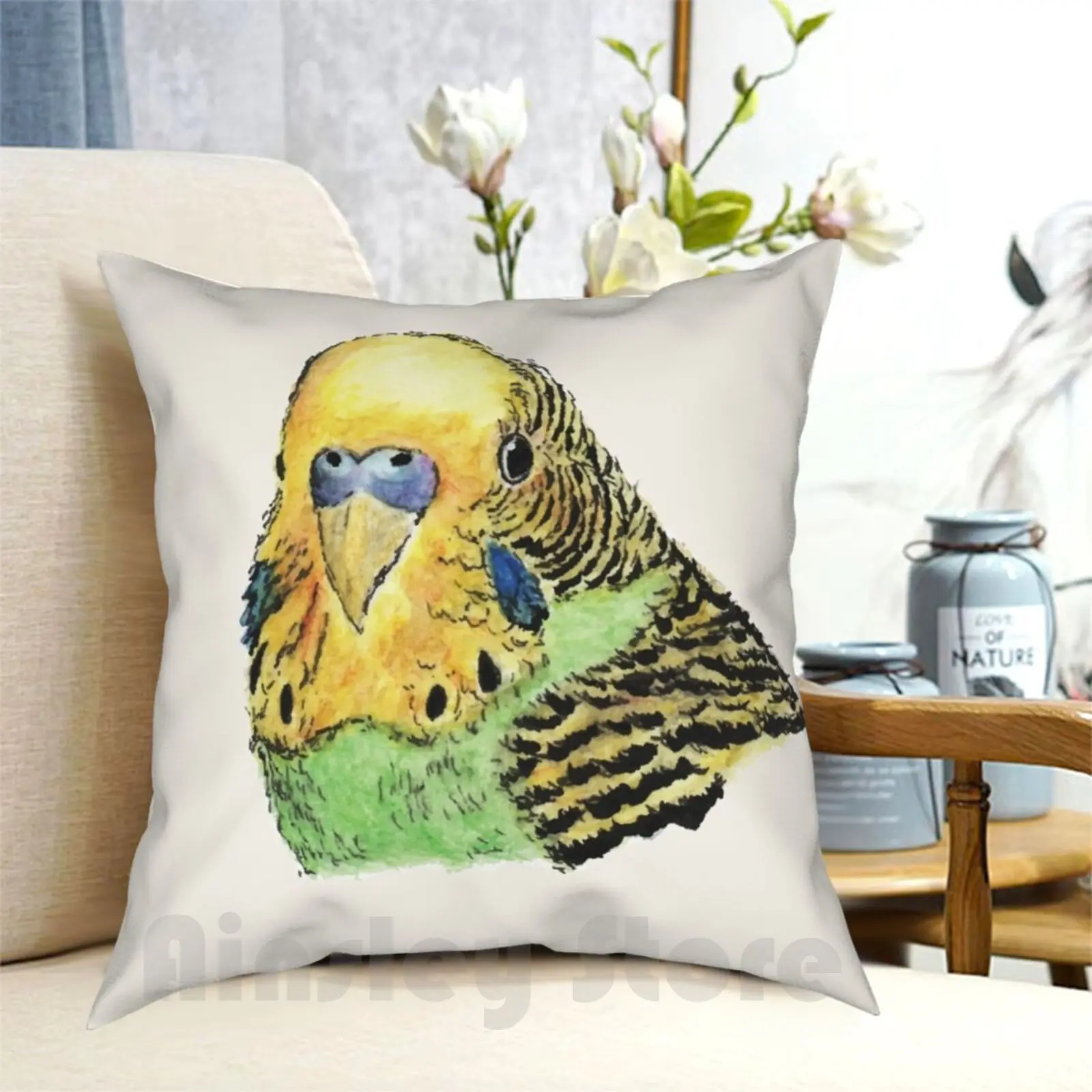 Prettyboy The Green Parakeet Pillow Case Printed Home Soft Throw Pillow Parakeet Budgie Bird Animals Nature Pet Cute Pen