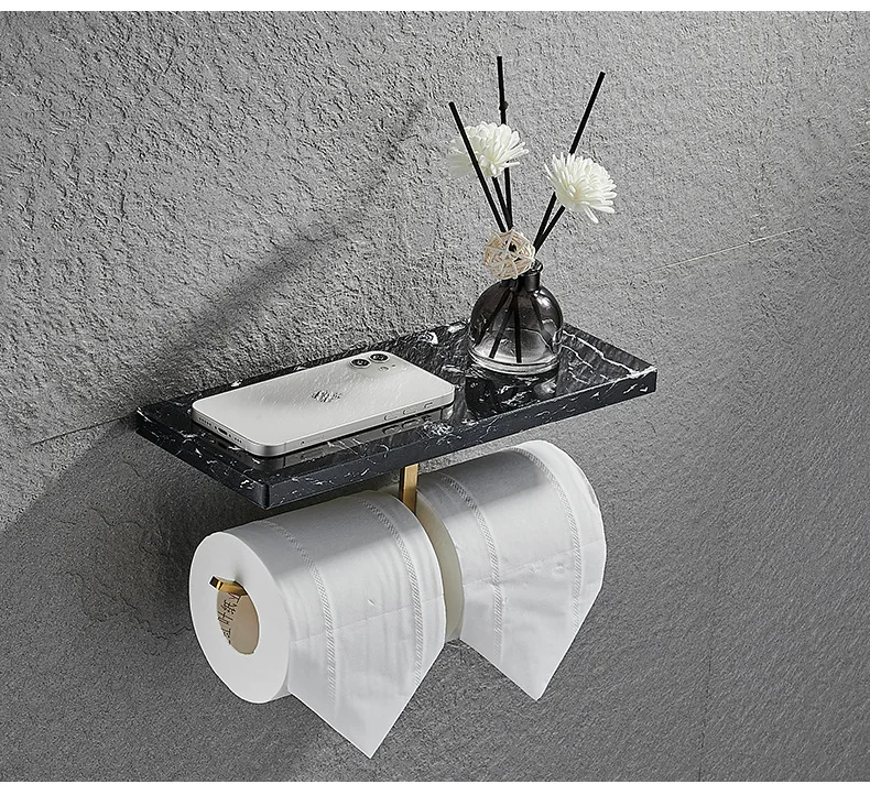 

Black Paper Holder Phone Rack Toilet Shelf Stainless Steel And Striped Marble Paper Rack Basin Shelf