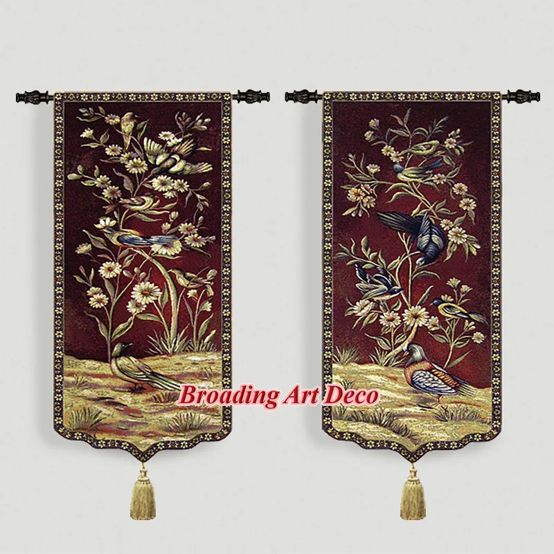 Pair of Flower & Birds Jacquard Weave Tapestry Wall Hanging Gobelin Home Art Decoration Aubusson Cotton 100% 95x46cm Each