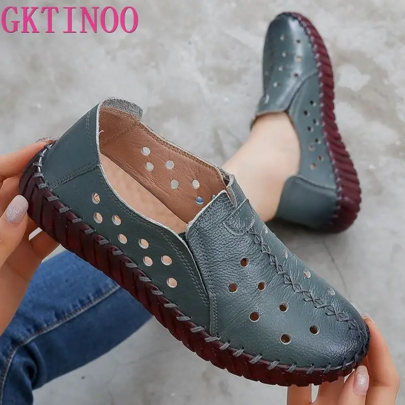 GKTINOO Summer Genuine Leather Shoes New Fashion Women Shoes Woman For Mom Women\'s Flats Comfortable Handmade Pregnant Hole Shoe