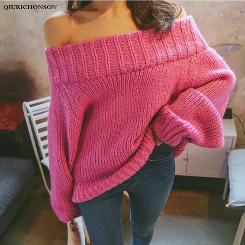 

Korean Style Sexy Off Shoulder Sweater Women Autumn Winte Lazy Wind Long Knitted Pullover Sweaters Ladies Jumper pull long femme