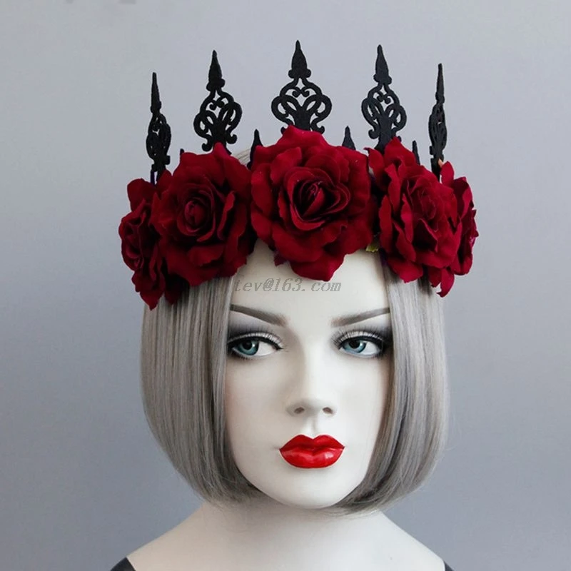 Lady Queen Head Wreath Vintage Gothic Black Crown Red Roses Tiara Headband Halloween Party Masquerade Cosplay