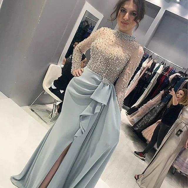 Evening Dresses 2025 Mermaid Arabic Dubai Turkey Split Beading Pearl Luxury Prom Pageant Gowns Long Sleeve Vestidos De Feast