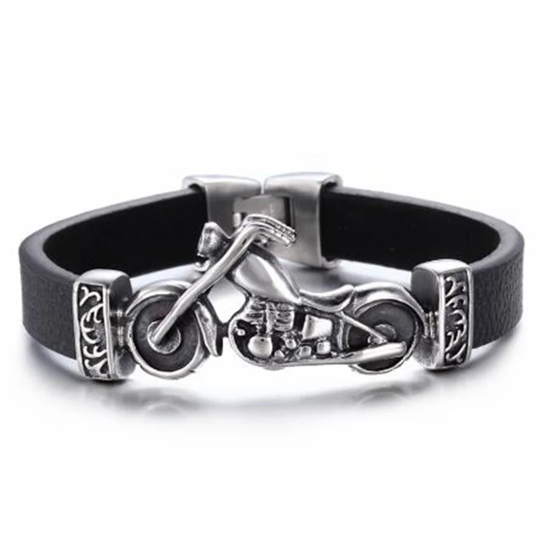 Fashionable Personality Men\'s Motorcycle and Skull Charm Bracelet Rock Punk Durable Leather Bracelet Cool Gift