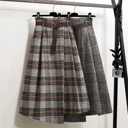 2022 Autumn Women Plaid Irregular Wool Midi Skirts Pleated Sashes England Style Vintage Warm A-Line Long Skirt Faldas Mujer Moda