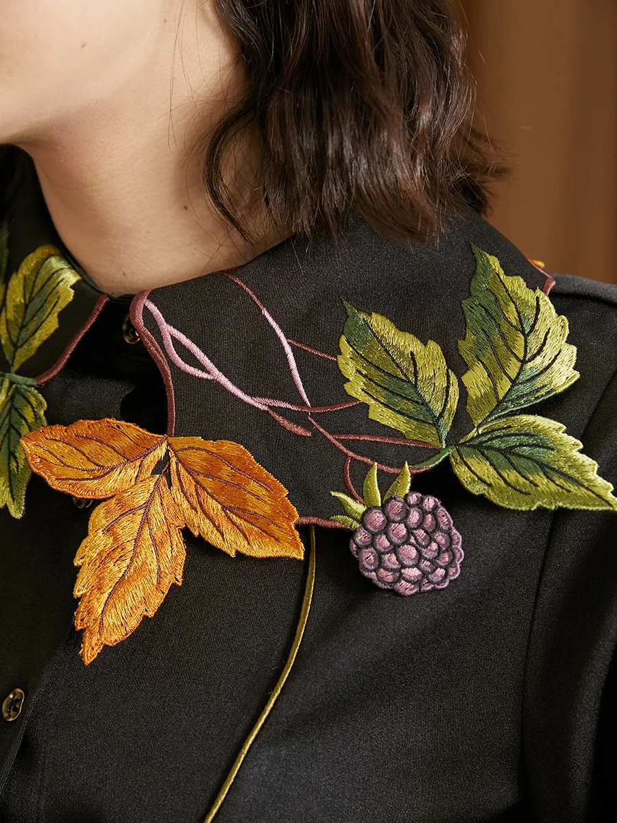 Leaf Berry Shaped Embroidered Shirt for Women, Original Design, Spring and Autumn