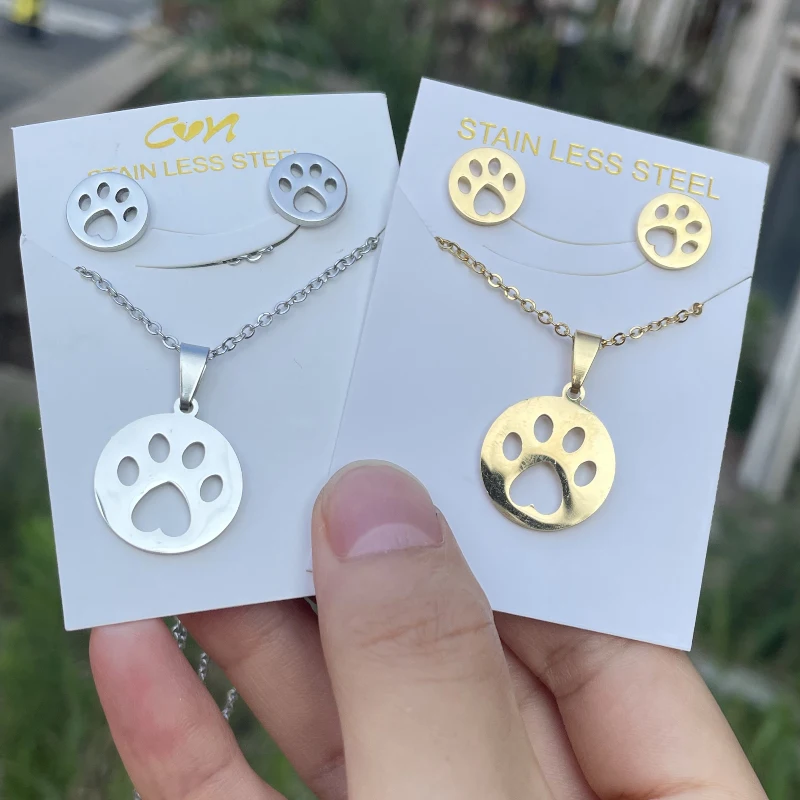 Hollow Pet Paw Necklace Earrings Jewelry Sets Cartoon Animal Stainless Steel Footprint Pendant Necklaces Women Birthday Gifts