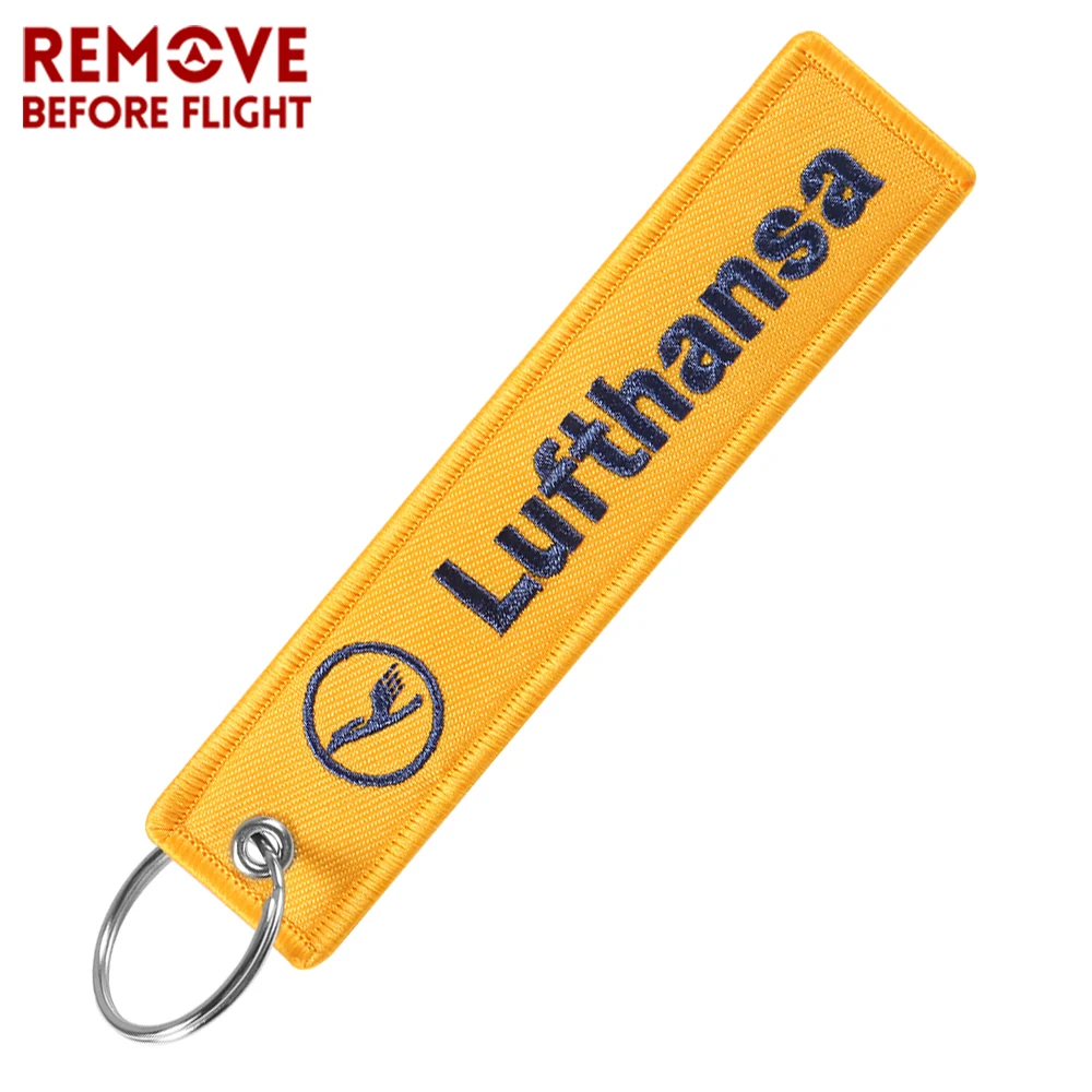 1PCS Embroidery Yellow Lufthansa Keychains Jewelry Key Tag Label Fashion Keyrings Flight Crew Pilot Key Chain For Aviation Gifts