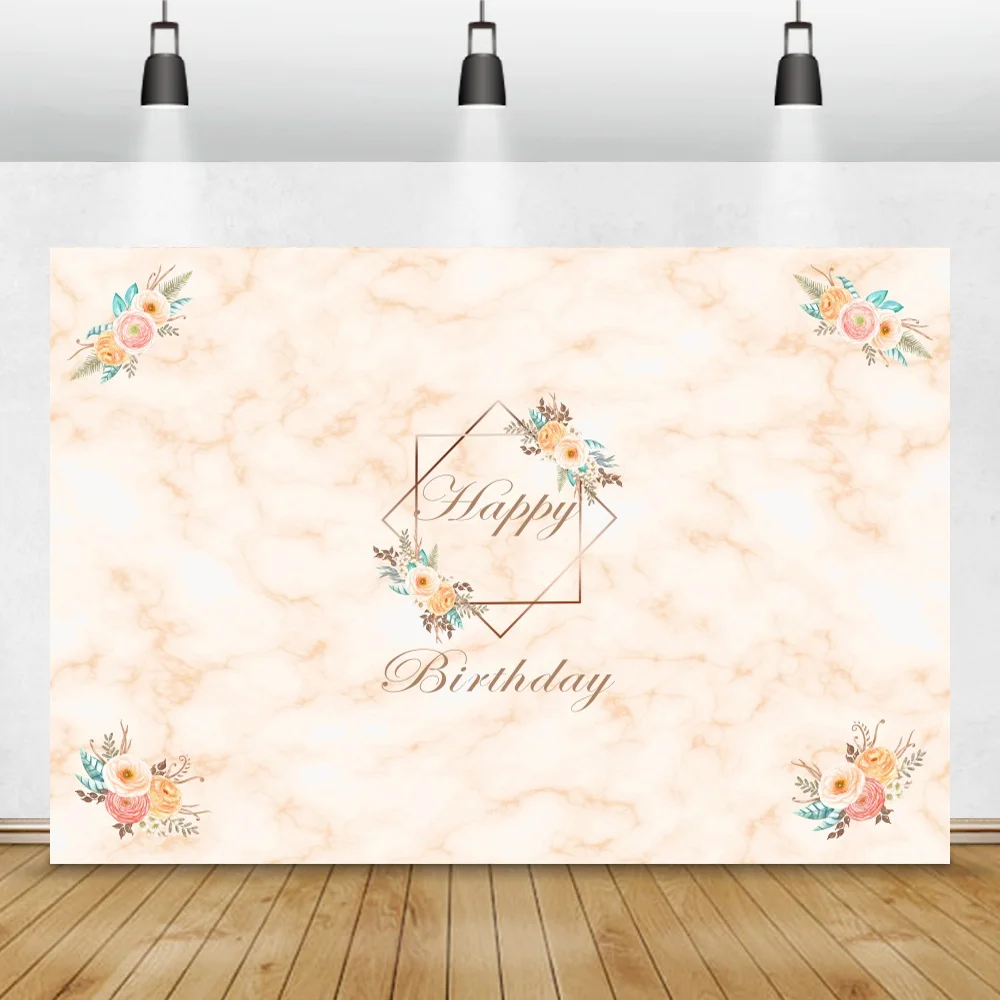 Marble Texture Photo Backdrop Happy Birthday Flowers Golden Line Name Portrait Customized Poster Photography Background Banner