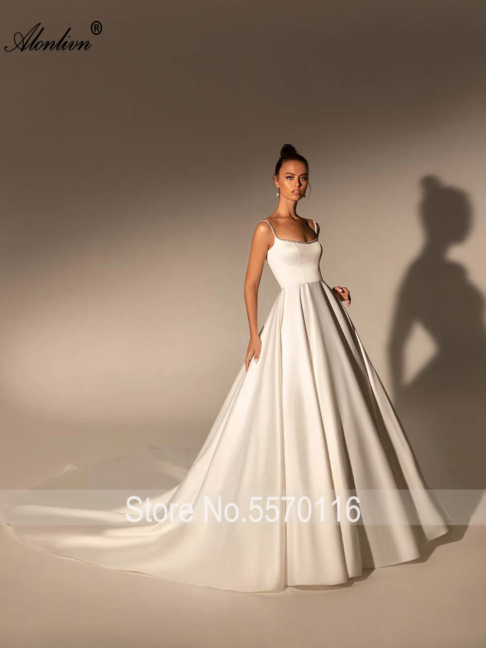 Alonlivn Elegant Satin Beading Crystals Spaghetti Straps A-Line Wedding Dress Sleeveless Sqare Collar Bridal Gowns